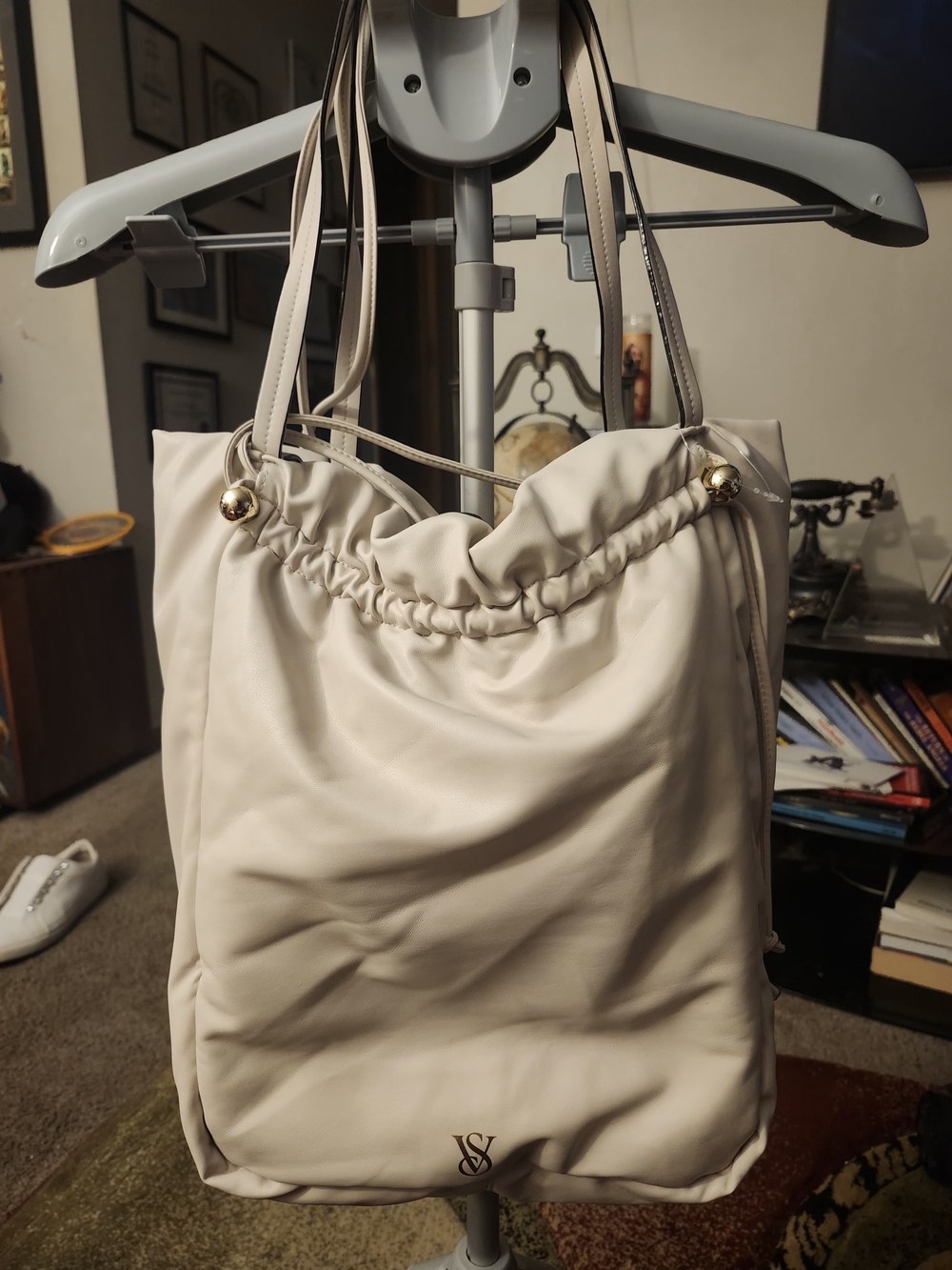 Victoria's Secret Cream Drawstring Tote with Gold Accents